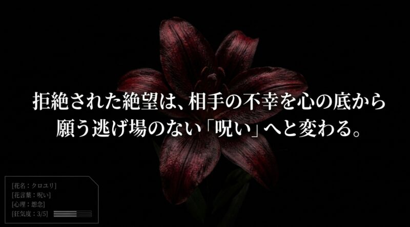 クロユリの花言葉「呪い」。狂気度3/5、心理状態は怨念。拒絶された絶望は、相手の不幸を心の底から願う逃げ場のない「呪い」へと変わる。