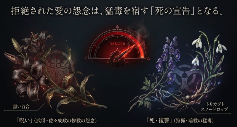 黒い百合の呪いや、トリカブト、スノードロップの死と復讐を暗示する有毒植物の危険性を表す警告デザイン