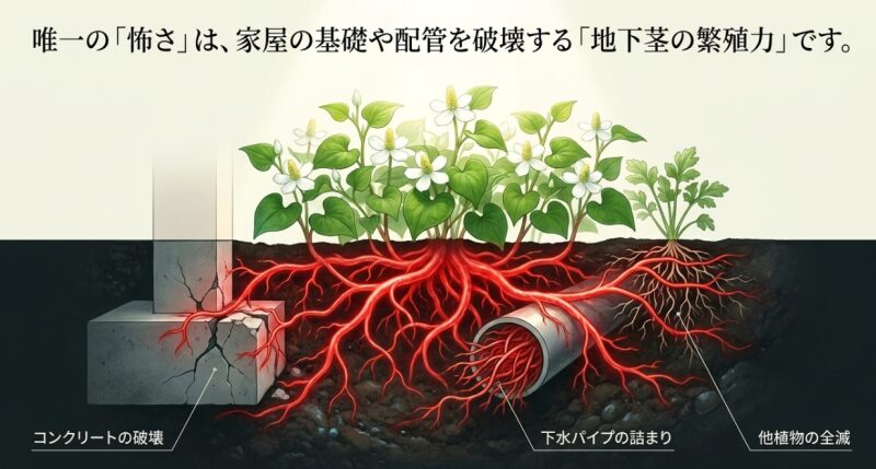 コンクリートの破壊、下水パイプの詰まり、他植物の全滅を引き起こす様子。唯一の「怖さ」は、家屋の基礎や配管を破壊する「地下茎の繁殖力」であることのイラスト