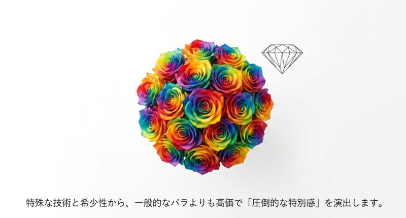 奇跡と永遠を掛け合わせた50本のレインボーローズが最高のサプライズになるというメッセージ