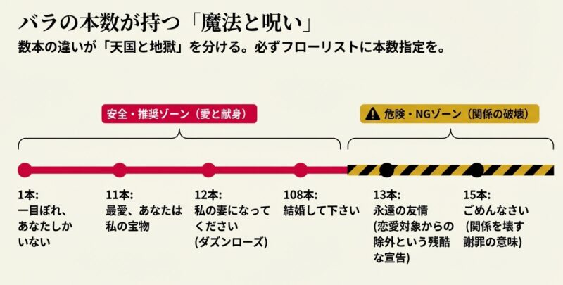 バラの本数による意味の違いを分けた表。1本、11本、12本、108本などの安全・推奨ゾーンと、13本（永遠の友情）、15本（ごめんなさい）といった危険・NGゾーンを解説したスライド