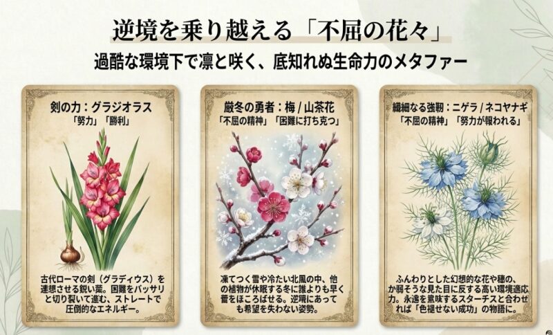 グラジオラス、梅、山茶花、ニゲラ、ネコヤナギなど逆境を乗り越える不屈の花々