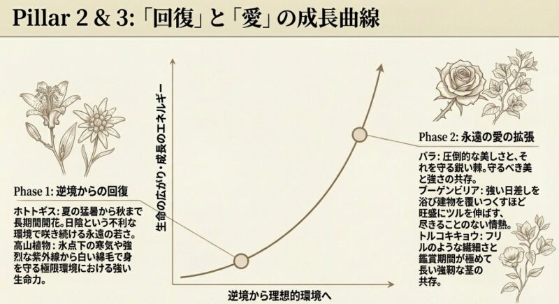 ホトトギスや高山植物が示す逆境からの回復と、バラやブーゲンビリアが示す永遠の愛の拡張を成長曲線として表したスライド。ユリやエーデルワイスのイラスト。