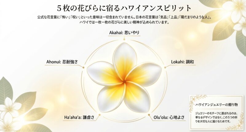 プルメリアの5枚の花びらそれぞれに「思いやり」「調和」「心地よさ」「謙虚さ」「忍耐強さ」というALOHAの精神が込められていることを示す図解