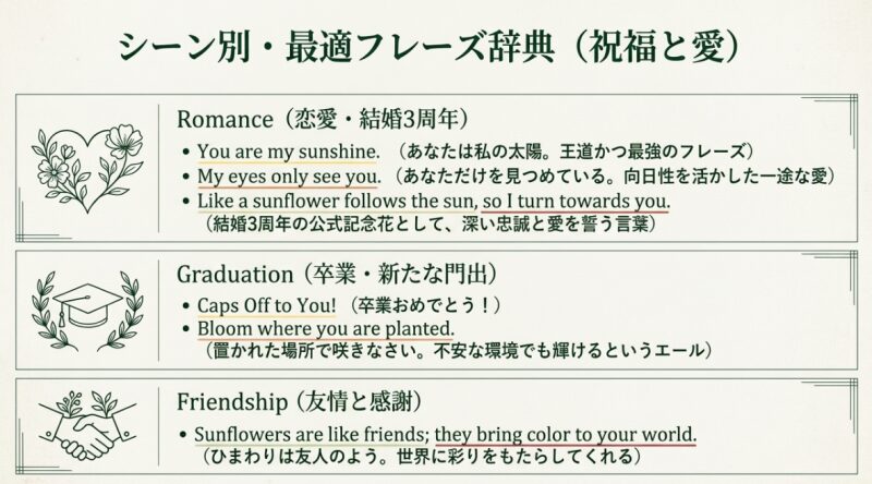 恋愛や結婚記念日、卒業式、友情といったシーン別に最適なひまわりの英語フレーズを、ハートや角帽のイラストとともに紹介するスライド