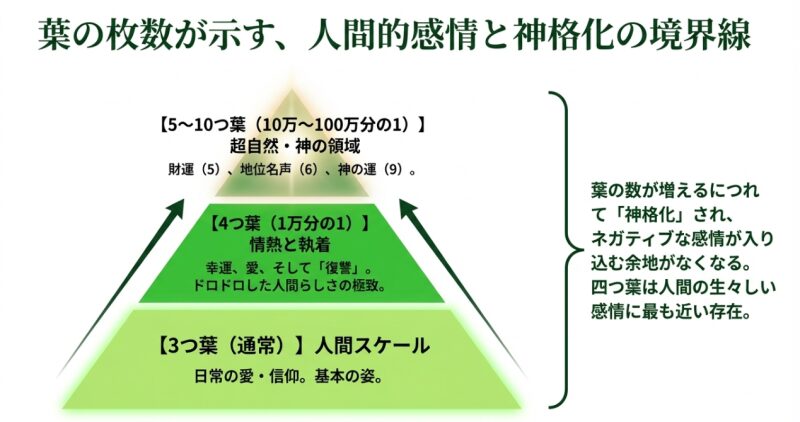 シロツメクサの基本形である三つ葉と希少な四つ葉の花言葉の違いを比較したスライド