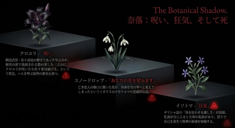 呪いを意味するクロユリ、死を望むスノードロップ、狂気を表すイソトマの怖い由来をまとめたスライド。