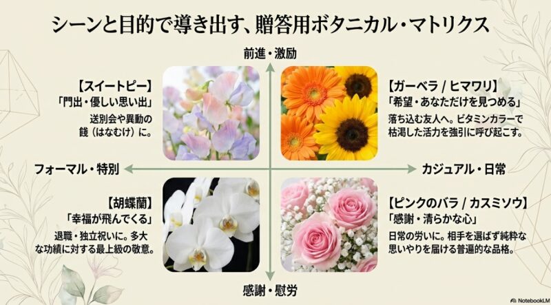激励・感謝など、贈るシーンと目的に応じて最適な花言葉を選ぶためのマトリクス図