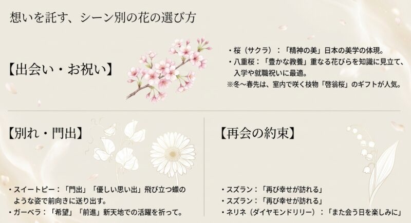 桜やスイートピーなど、想いを託すシーン別の花の選び方
