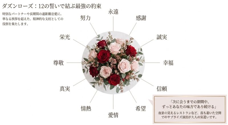 赤とピンクの12本のバラの花束を中心に、感謝、誠実、幸福など12個の誓いの言葉が円状に配置された図解