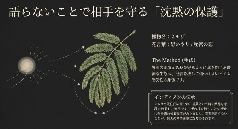 語らないことで相手を守る「沈黙の保護」と、無言で枝を渡すインディアンの伝承を示すミモザの葉