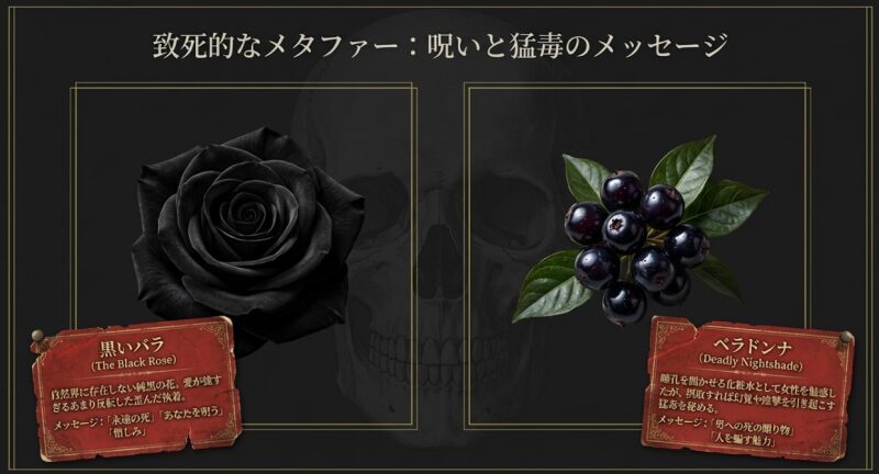 永遠の死や憎しみを表す黒いバラと、人を騙す魅力を表すベラドンナの解説画像