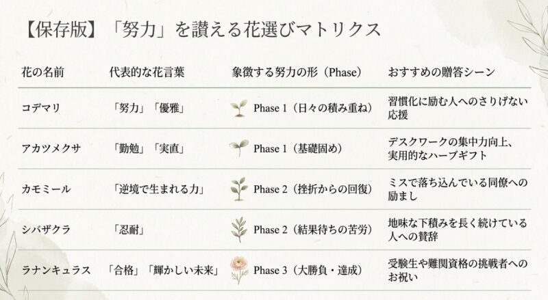 コデマリ、アカツメクサ、カモミール、シバザクラ、ラナンキュラスの代表的な花言葉と、象徴する努力の形、おすすめの贈答シーンをまとめた一覧表