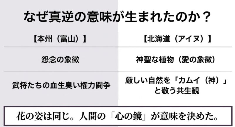 クロユリに真逆の意味が生まれた理由の比較表。本州（富山）の血生臭い権力闘争による怨念の象徴と、北海道（アイヌ）の自然を敬う共生観による愛の象徴の対比。