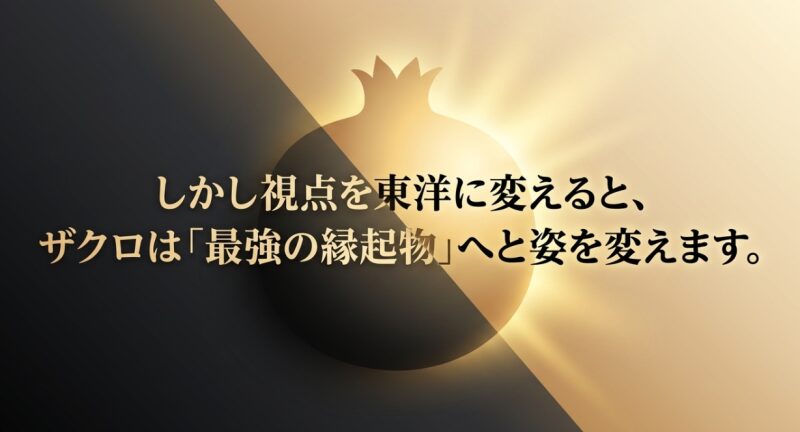 視点を東洋に変えると、ザクロは最強の縁起物へと姿を変えることを説明する画像