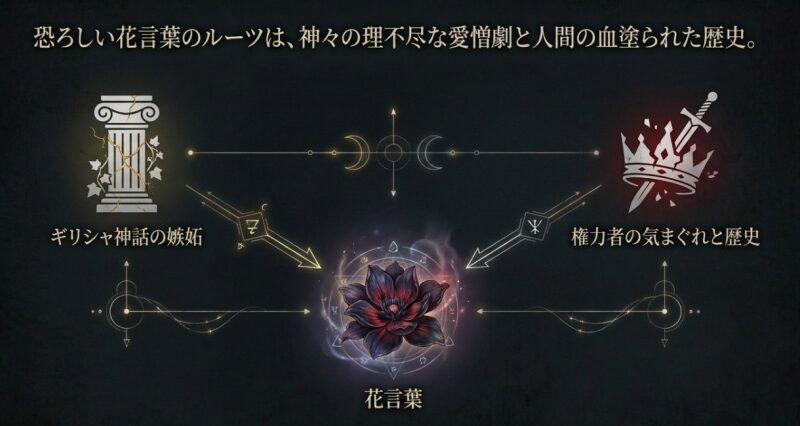 恐ろしい花言葉のルーツが、ギリシャ神話の嫉妬や権力者の気まぐれ、血塗られた歴史にあることを示す相関図