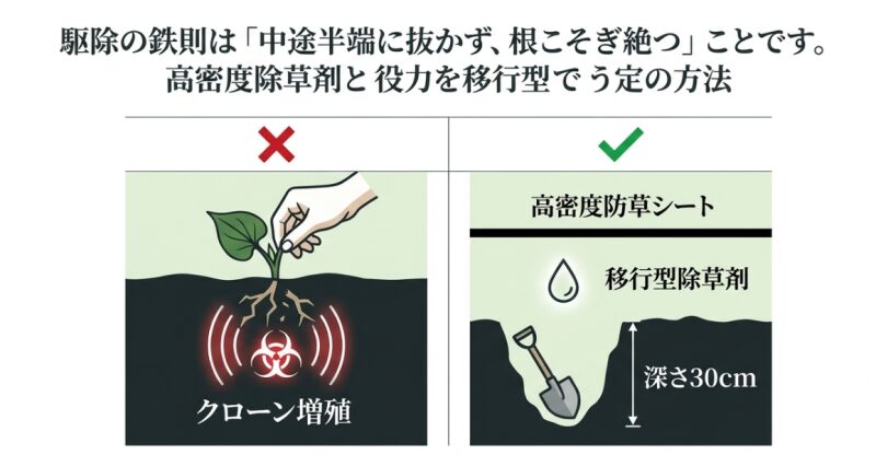 駆除の鉄則は「中途半端に抜かず、根こそぎ絶つ」こと。クローン増殖を防ぐための深さ30cmの掘り起こし、移行型除草剤、高密度防草シートの使用手順