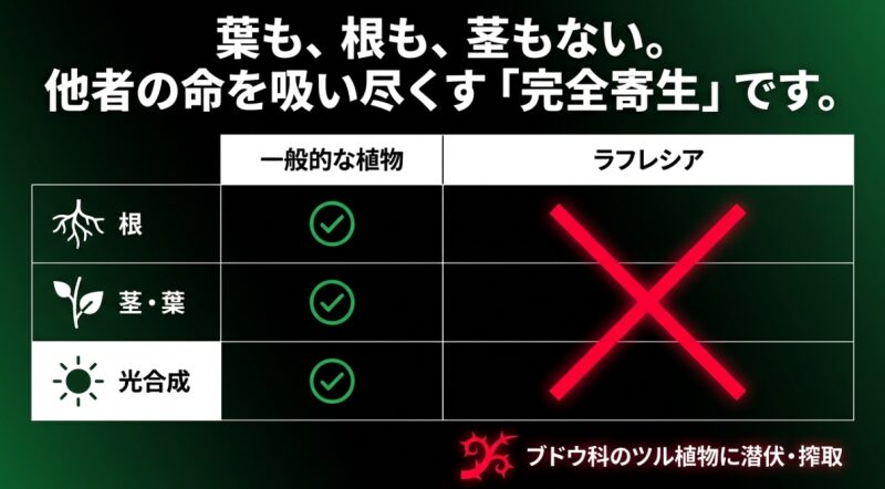 葉も根も茎も持たず、ブドウ科のツル植物に潜伏して他者の命を吸い尽くす完全寄生の構造を示す比較表