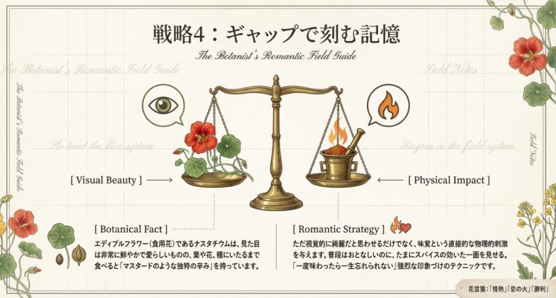 ピリッとした辛みを持つナスタチュームが教える、味覚の刺激を使った強烈な恋愛アピール術