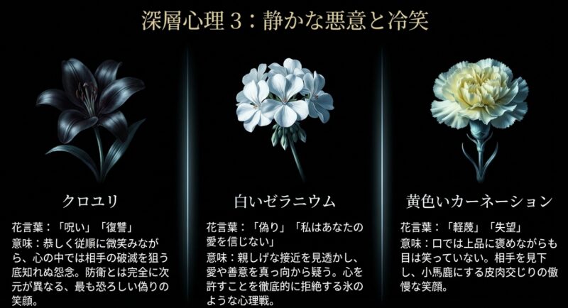 深層心理3：静かな悪意と冷笑。クロユリ（呪い）、白いゼラニウム（偽り）、黄色いカーネーション（軽蔑）のネガティブな花言葉と意味の解説