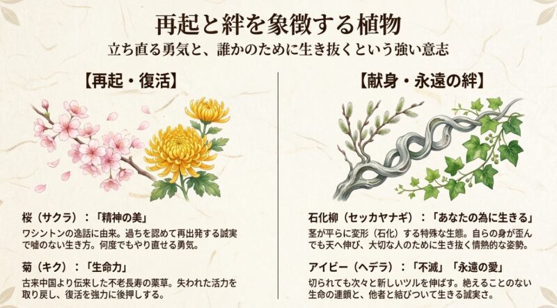 桜、菊、石化柳、アイビーなど再起と絆を象徴する植物