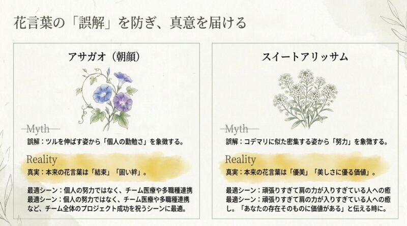 花言葉の誤解を防ぎ真意を届けるための、アサガオとスイートアリッサムのイラストと、それぞれの本来の真実の意味を解説した図解 。