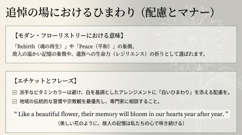 追悼の場におけるひまわりの「魂の再生」や「平和」といった意味と、贈る際のエチケットや英語のお悔やみフレーズを解説したスライド