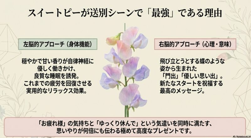 自律神経に働きかける左脳的アプローチと、門出を祝う右脳的アプローチを兼ね備えたスイートピーの解説