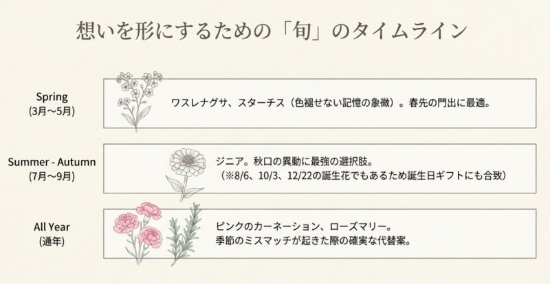 ワスレナグサやジニア、カーネーションなど春夏秋冬の季節に応じた花の流通特性と選び方