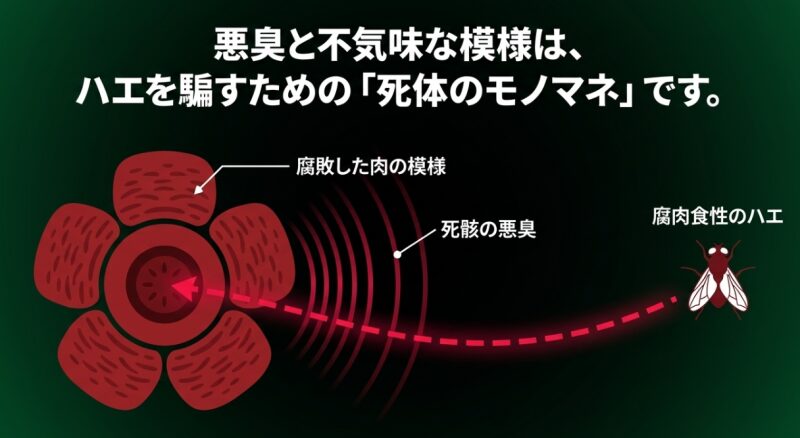 ラフレシアの悪臭や不気味な模様は、腐肉食性のハエを騙すための死体のモノマネであることを示す生態解説