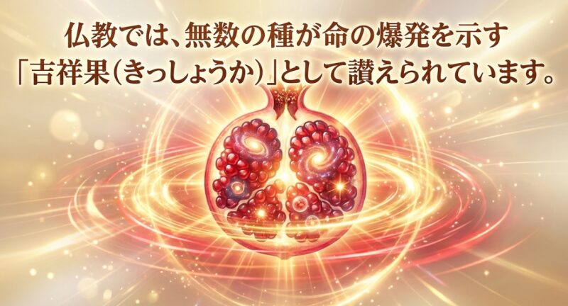 仏教では、無数の種が命の爆発を示す吉祥果として讃えられていることを説明する画像