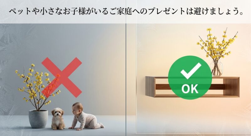 ペットや小さなお子様がいるご家庭へのプレゼントは避けましょうと注意喚起するスライド