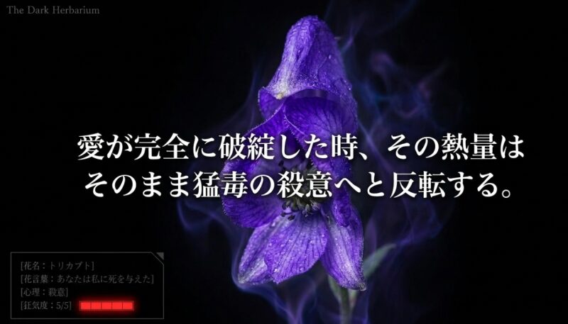 トリカブトの花言葉「あなたは私に死を与えた」。狂気度5/5、心理状態は殺意。愛が完全に破綻した時、その熱量はそのまま猛毒の殺意へと反転する。