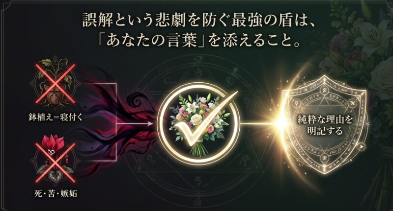 鉢植えや赤いシクラメンなど贈る際のNG例と、悲劇を防ぐ最強の盾として純粋な理由を明記した言葉を添える解決策を示す画像