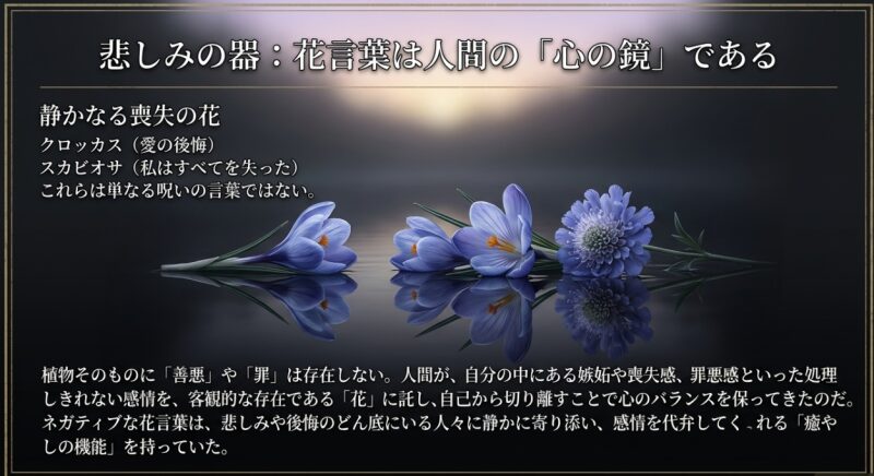 ネガティブな花言葉を持つ植物が、悲しみや喪失感に寄り添い、心のバランスを保つための「悲しみの器」であることを解説した図