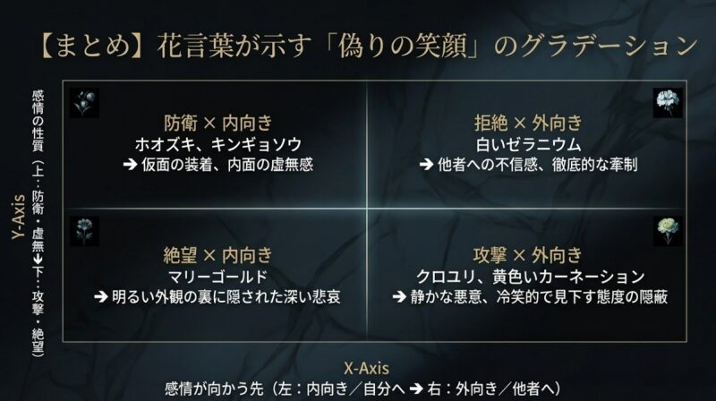 花言葉が示す偽りの笑顔のグラデーション。感情が向かう先（内向き・外向き）と性質（防衛・攻撃）をXY軸で分類したマトリクス図表