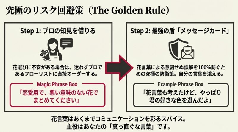フローリストと手紙のアイコン。プロの知見を借りることと、最強の盾であるメッセージカードを添えることの重要性を解説したスライド