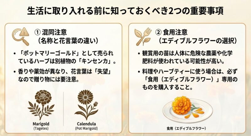 ポットマリーゴールド（キンセンカ）との違いと、料理やハーブティーには食用専用（エディブルフラワー）を使うべきという2つの重要事項の解説