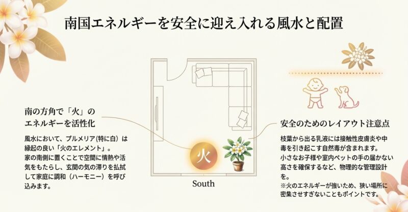 プルメリアを家の南側に置くことで火のエレメントが活性化する風水の間取り図と、安全に管理するためのレイアウトの注意点