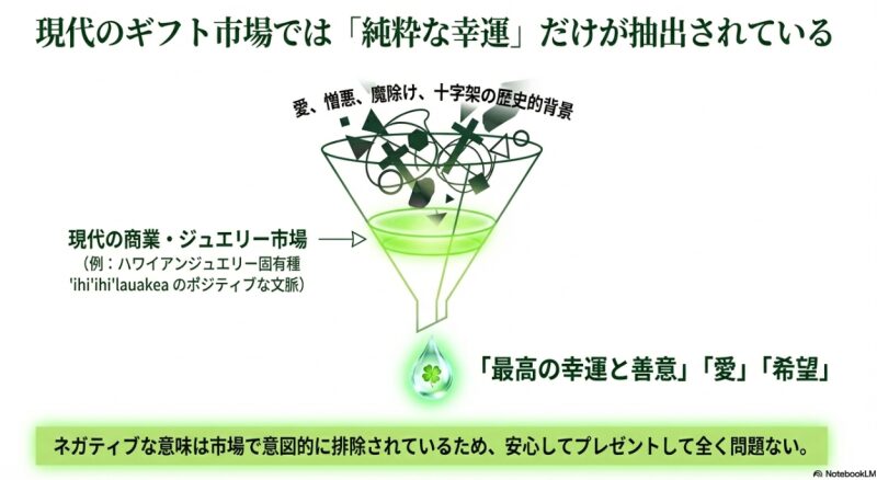 五つ葉以上の多葉クローバーには復讐の意味がなく財運などを表すことを解説したスライド