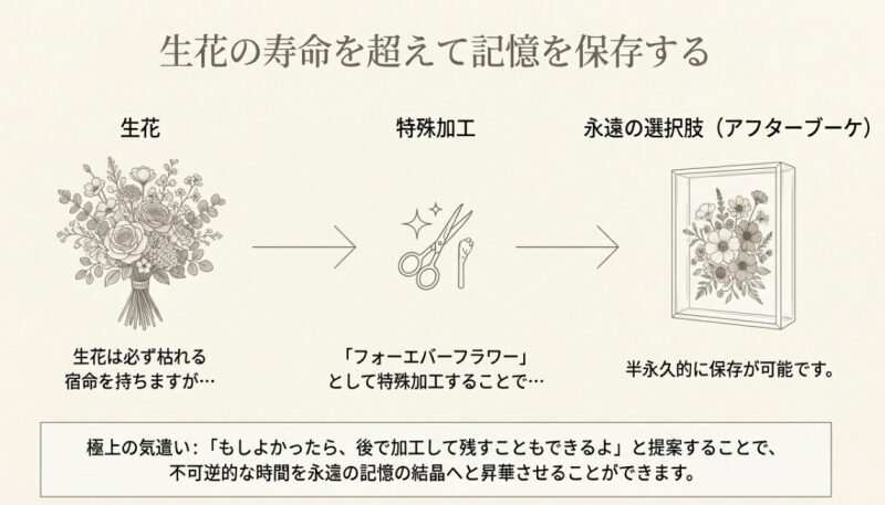 生花を特殊加工して半永久的に保存するアフターブーケなどの永遠の選択肢