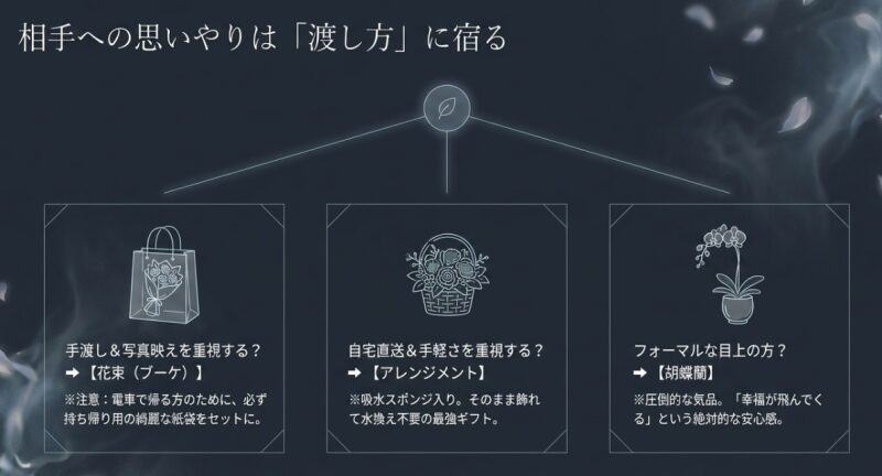 手渡し用の花束や自宅直送用のアレンジメントなど、相手への思いやりが宿る渡し方