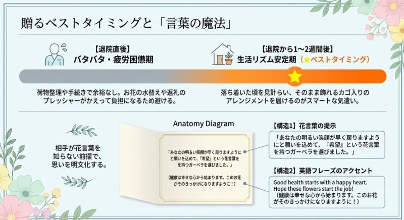 退院から1〜2週間後の生活リズム安定期がベストタイミングであることと、花言葉や英語フレーズを取り入れたメッセージカードの構成例