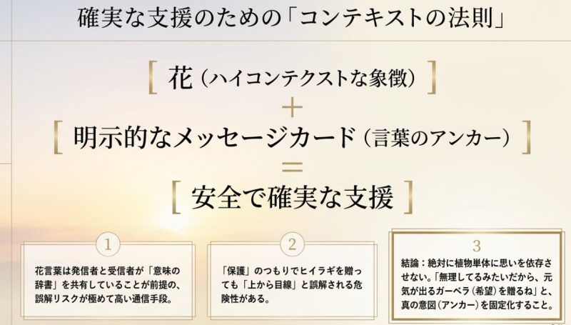 花という象徴と明示的なメッセージカードを組み合わせることで、誤解を防ぎ安全で確実な支援に繋がるという方程式の図解