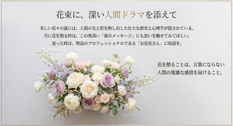 淡い色合いの美しい花束の画像と、「次に花を贈る時は、裏のメッセージにも思いを馳せてみてほしい」という結びのメッセージ