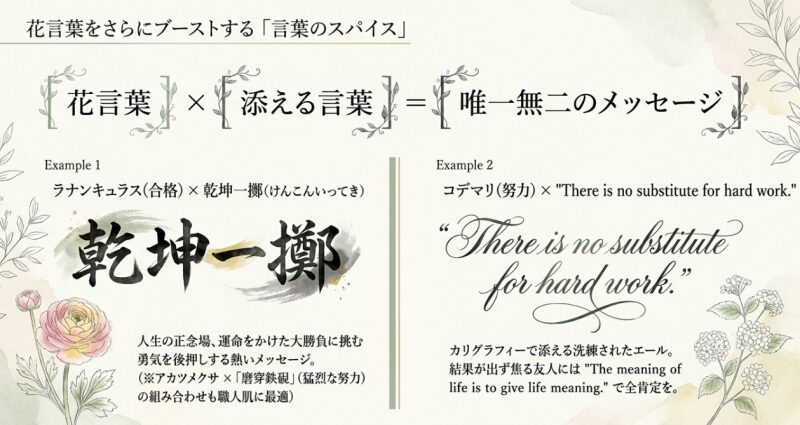 唯一無二のメッセージを作るための、「乾坤一擲」という力強い筆文字と「for hard work.」という洗練された英語のカリグラフィー画像