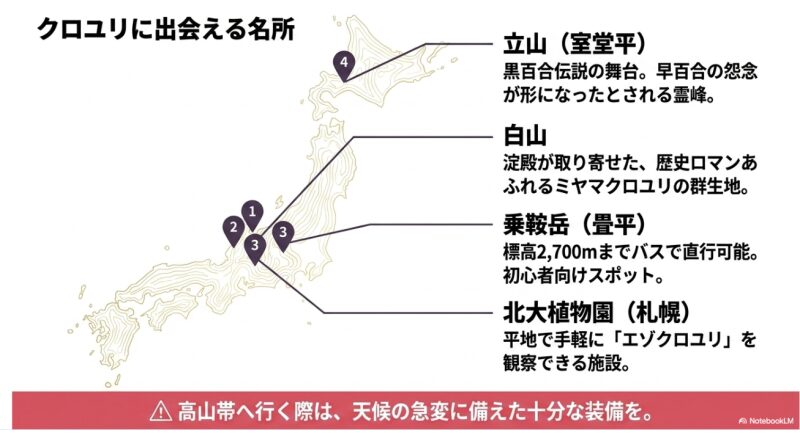 日本国内でクロユリに出会える名所マップ。立山（富山）、白山（石川・岐阜）、乗鞍岳（長野・岐阜）、北大植物園（札幌）の場所を示す地図。