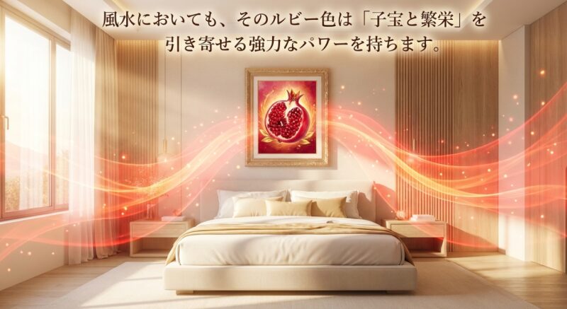 風水においても、そのルビー色は子宝と繁栄を引き寄せる強力なパワーを持つことを説明する画像