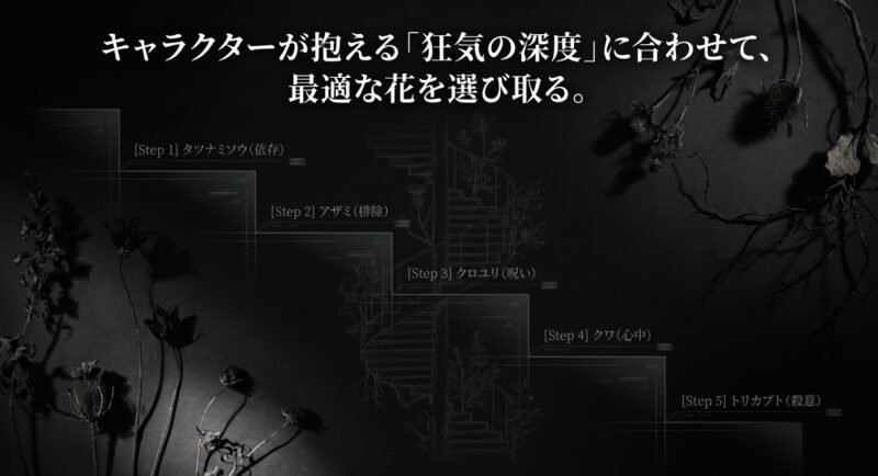 キャラクターが抱える「狂気の深度」に合わせて最適な花を選び取るための5つのステップ。Step1タツナミソウ、Step2アザミ、Step3クロユリ、Step4クワ、Step5トリカブト。