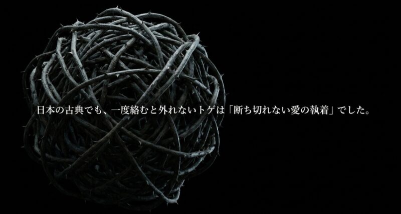 複雑に絡み合う鋭いトゲの束。日本の古典（万葉集）において、一度絡むと外れないトゲが断ち切れない愛の執着を表していたメタファー。